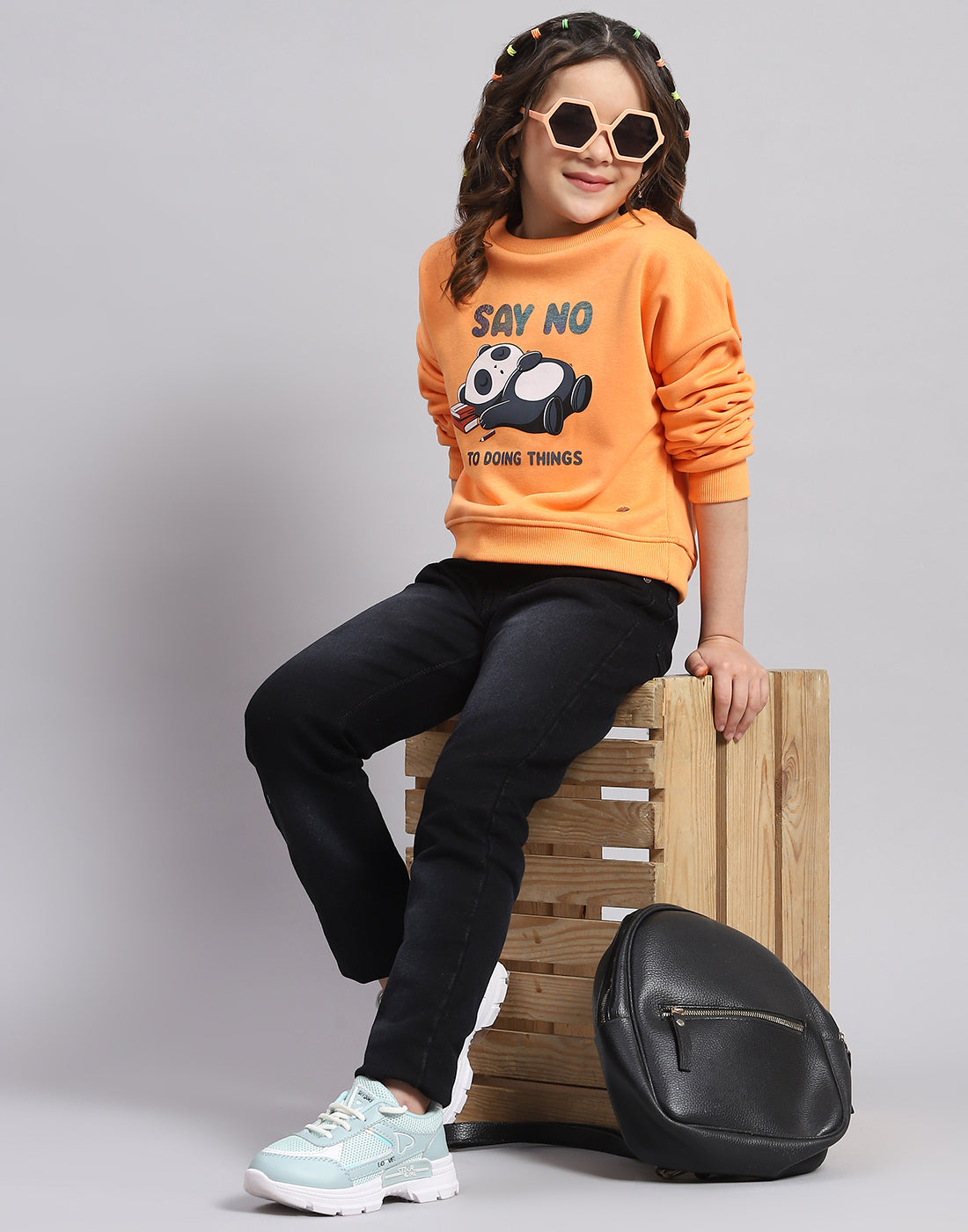 Girls Orange Printed Round Neck Full Sleeve Sweatshirt