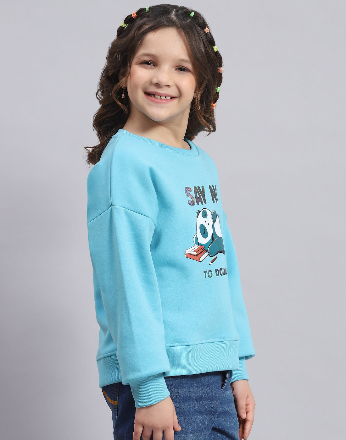Girls Turquoise Blue Printed Round Neck Full Sleeve Sweatshirt