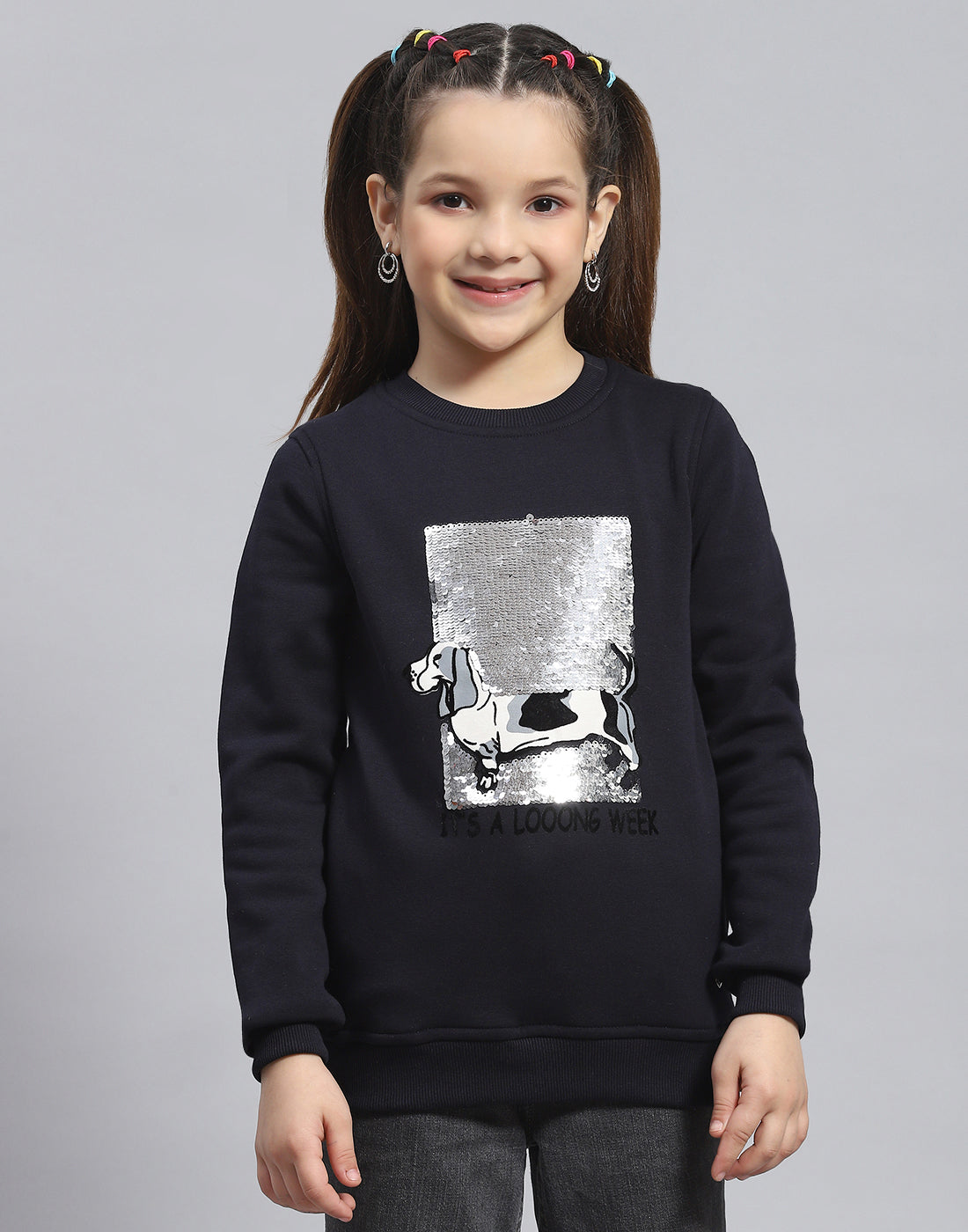 Girls Navy Blue Embellished Round Neck Full Sleeve Sweatshirt