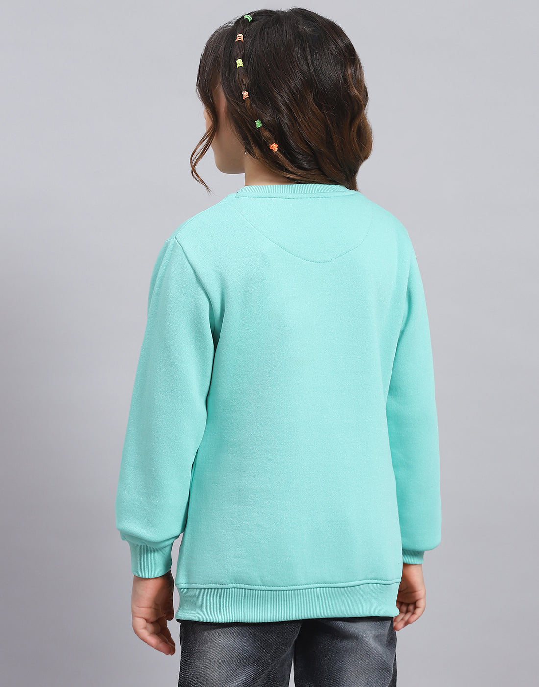 Girls Turquoise Blue Printed Round Neck Full Sleeve Sweatshirt
