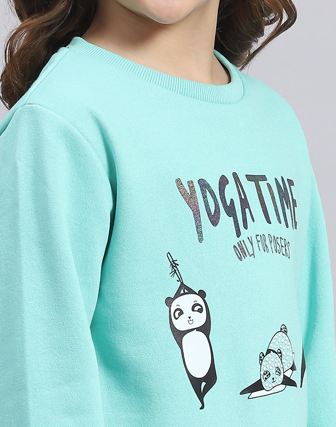 Girls Turquoise Blue Printed Round Neck Full Sleeve Sweatshirt