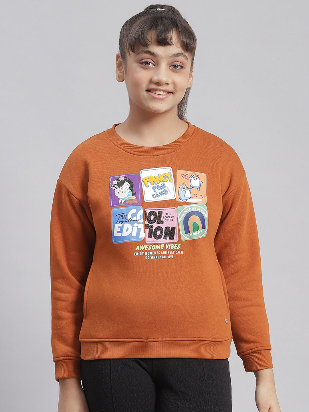 Girls Rust Printed Round Neck Full Sleeve Sweatshirt