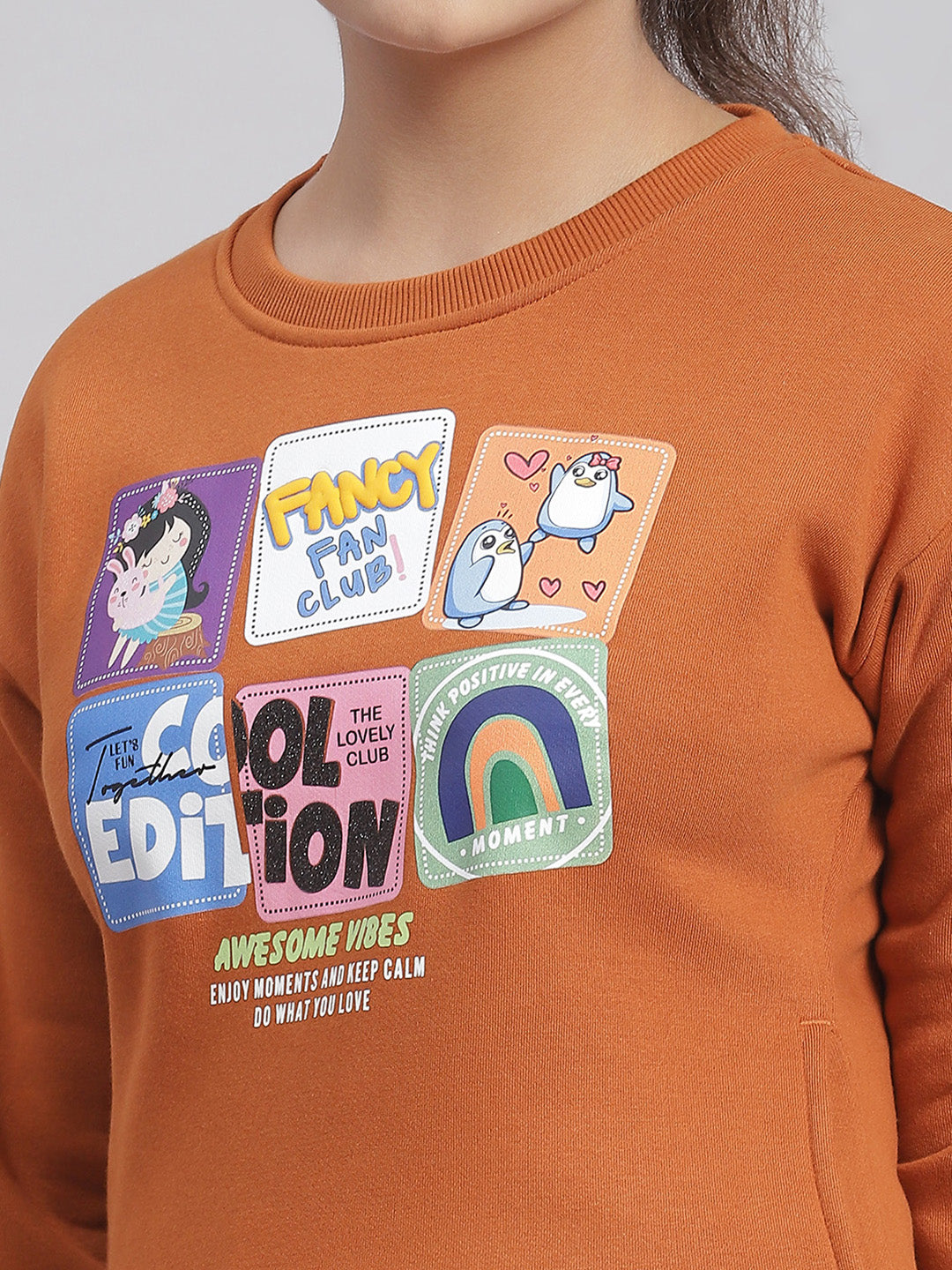 Girls Rust Printed Round Neck Full Sleeve Sweatshirt