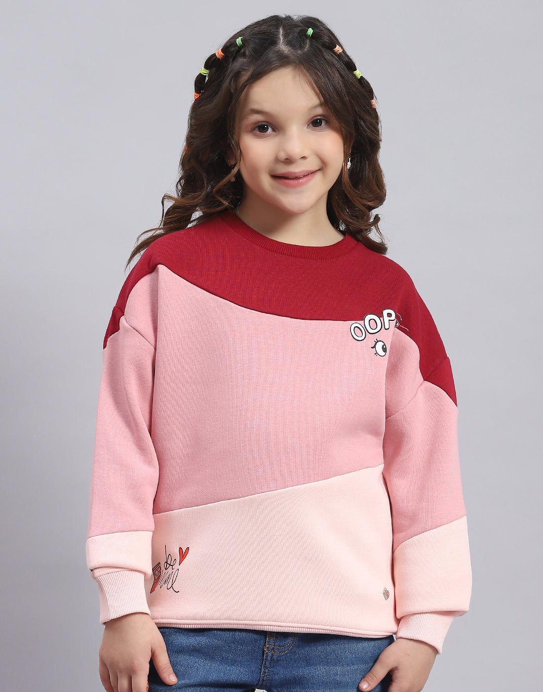 Girls Pink Printed Round Neck Full Sleeve Sweatshirt