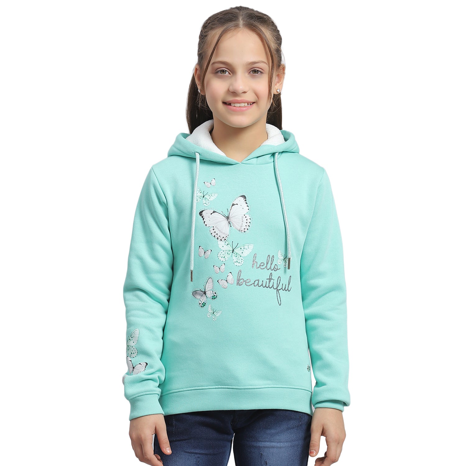 Girls Turquoise Blue Printed Hooded Full Sleeve Sweatshirt