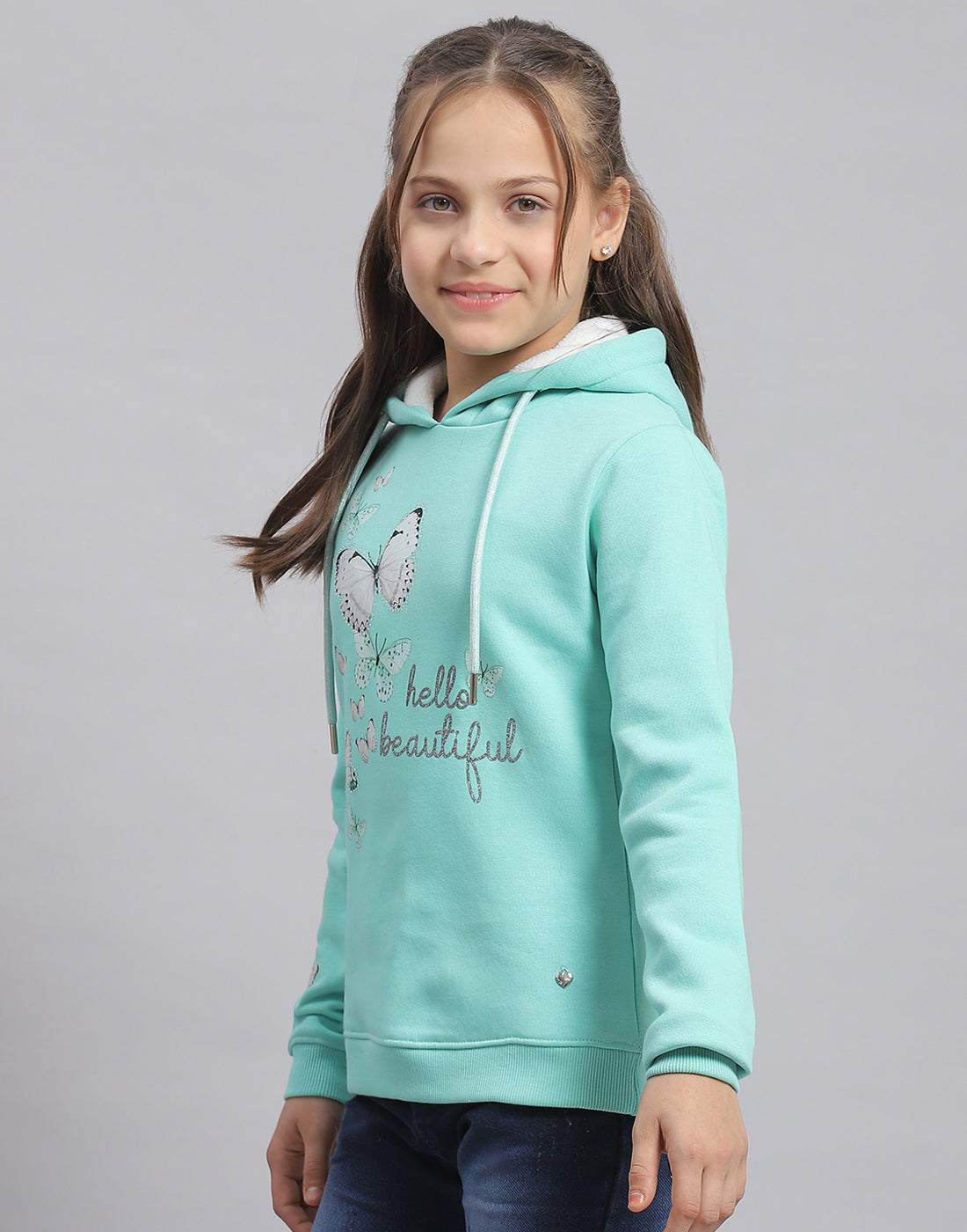 Girls Turquoise Blue Printed Hooded Full Sleeve Sweatshirt