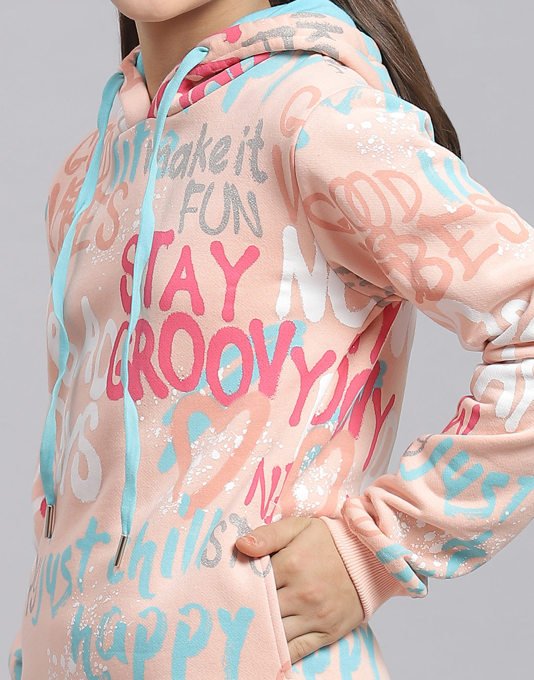 Girls Peach Printed Hooded Full Sleeve Sweatshirt