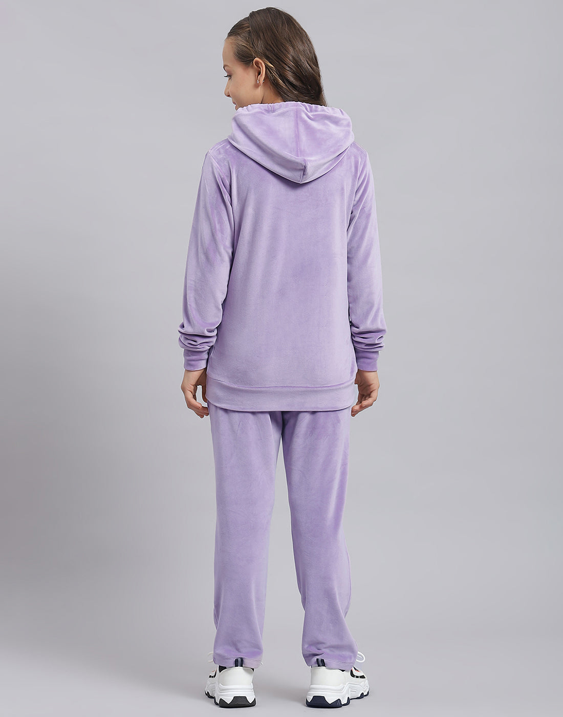Girls Purple Solid Hooded Full Sleeve Tracksuit