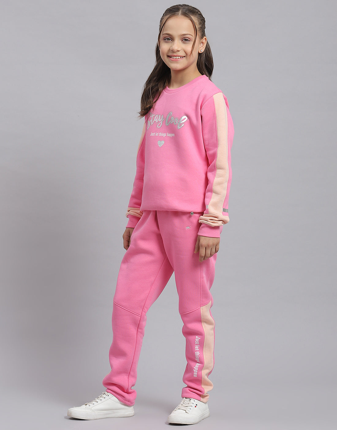 Girls Pink Printed Round Neck Full Sleeve Tracksuit
