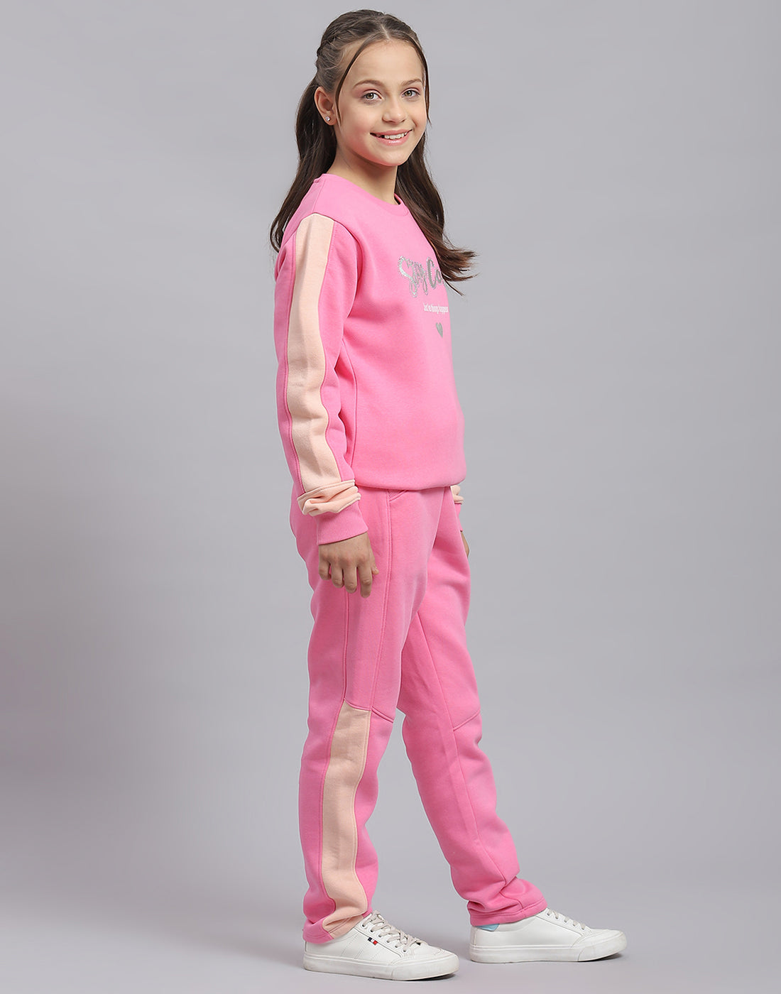 Girls Pink Printed Round Neck Full Sleeve Tracksuit