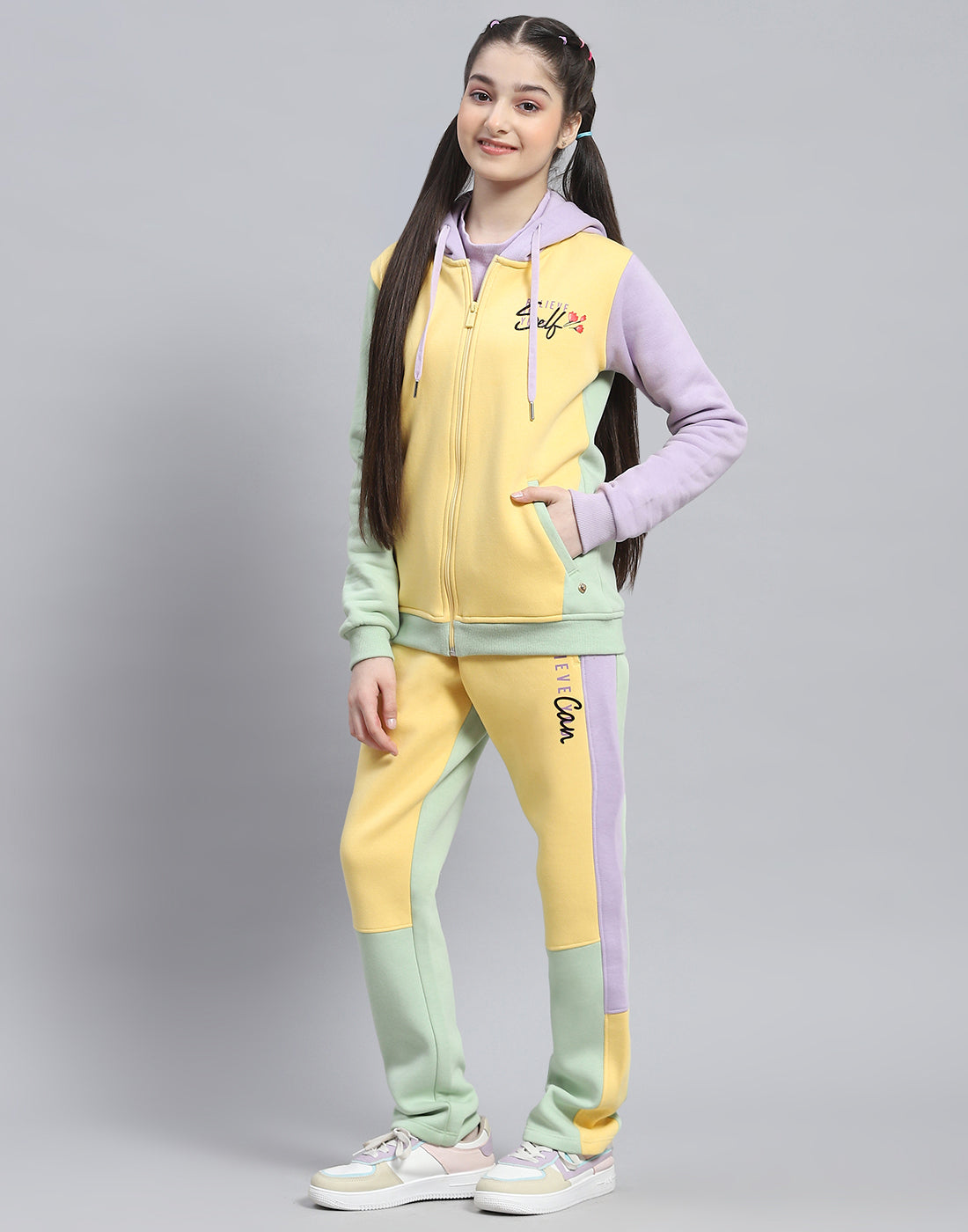 Girls Yellow Printed Hooded Full Sleeve Tracksuit