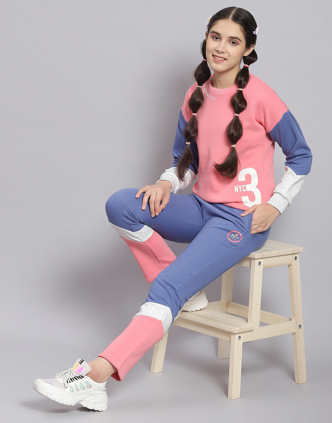 Girls Peach Printed Round Neck Full Sleeve Tracksuit