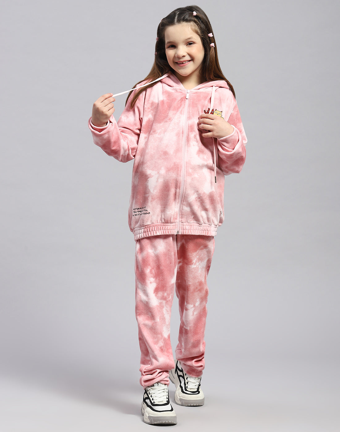 Girls Pink Printed Round Neck Full Sleeve Cords Set