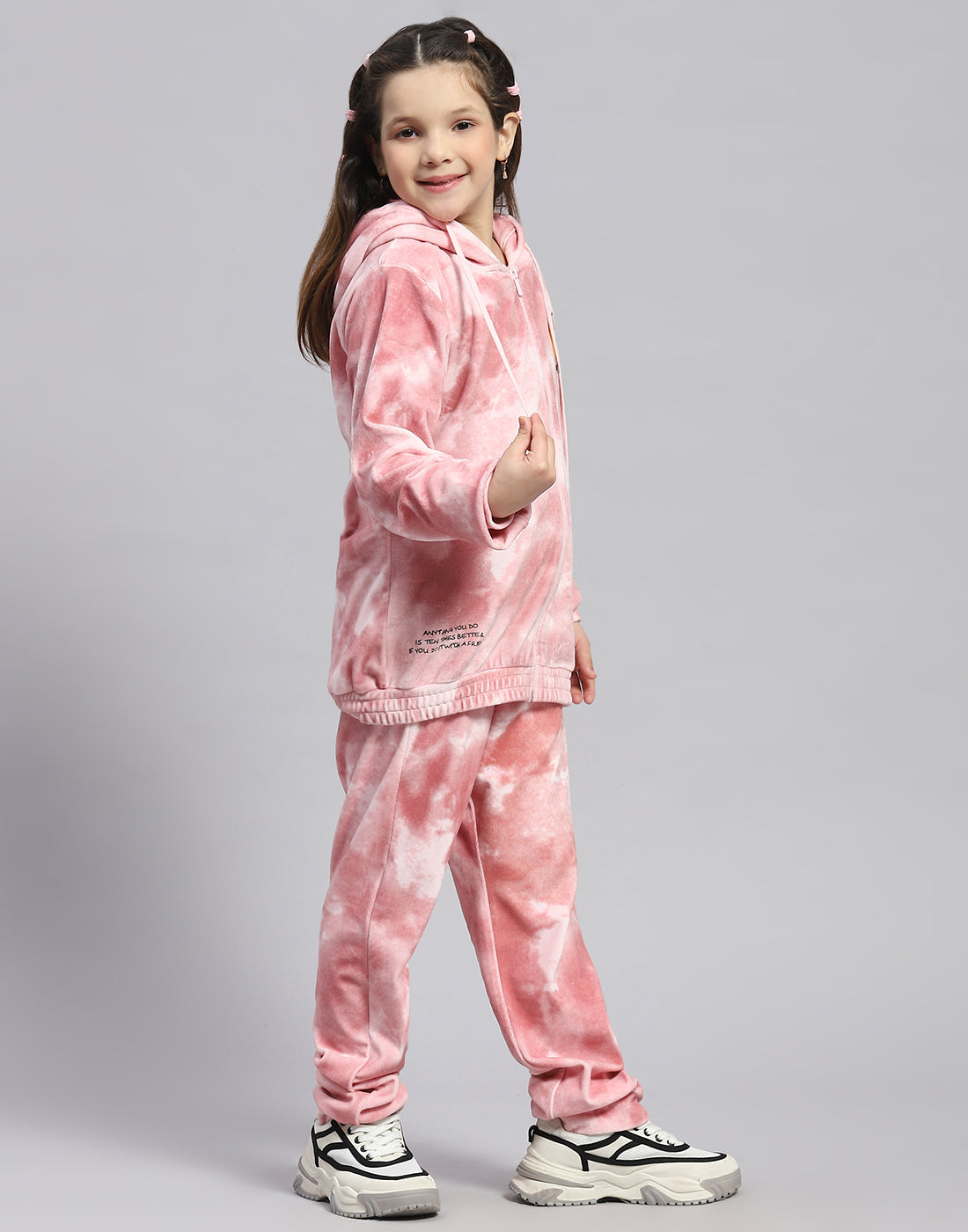 Girls Pink Printed Round Neck Full Sleeve Cords Set