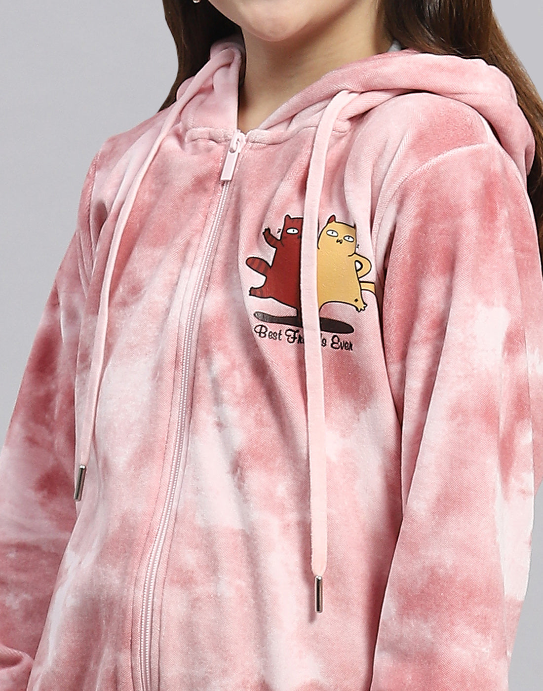 Girls Pink Printed Round Neck Full Sleeve Cords Set