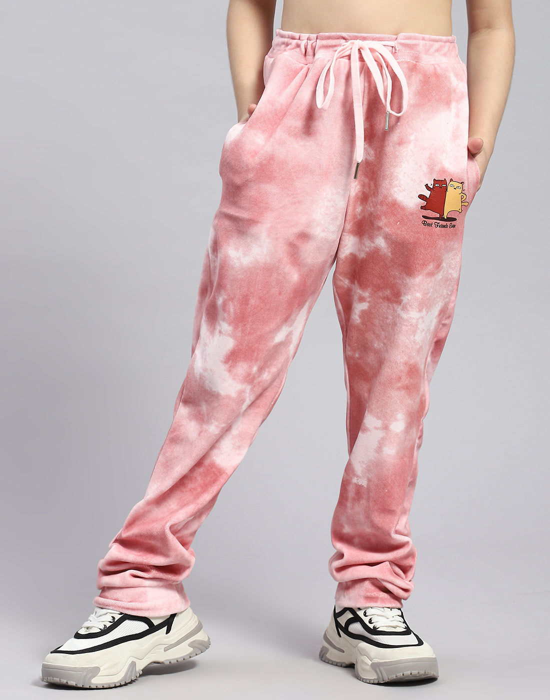 Girls Pink Printed Round Neck Full Sleeve Cords Set