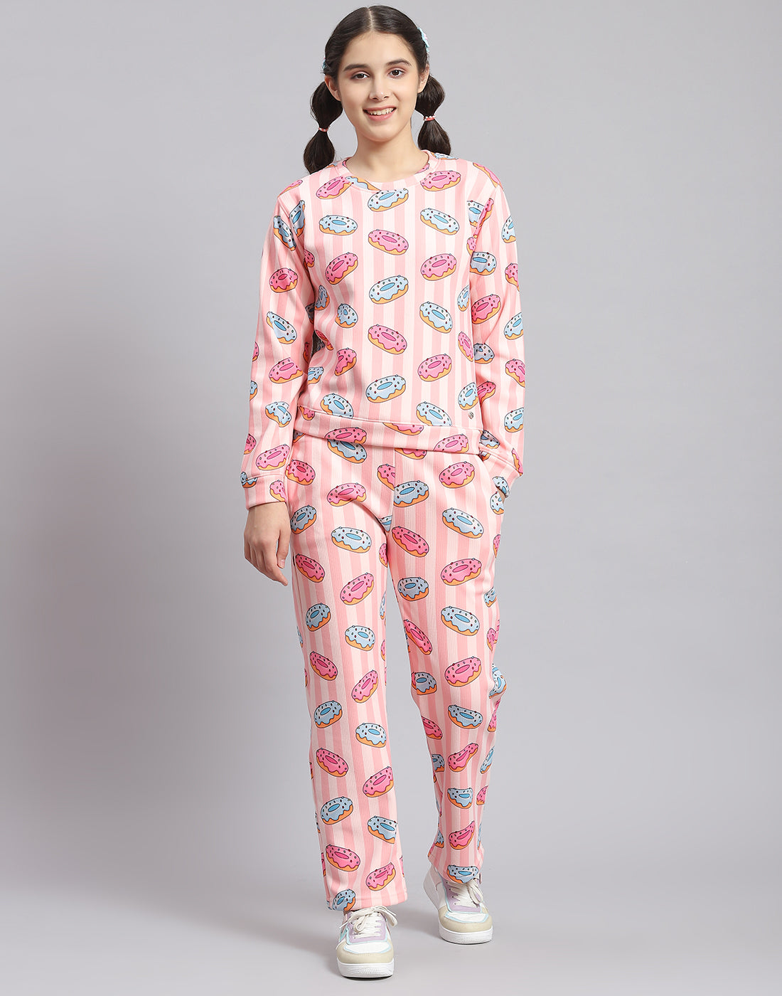 Girls Pink Printed Round Neck Full Sleeve Cords Set