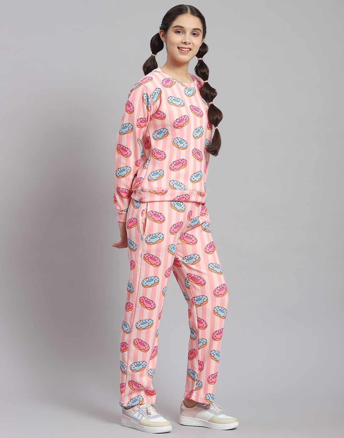 Girls Pink Printed Round Neck Full Sleeve Cords Set