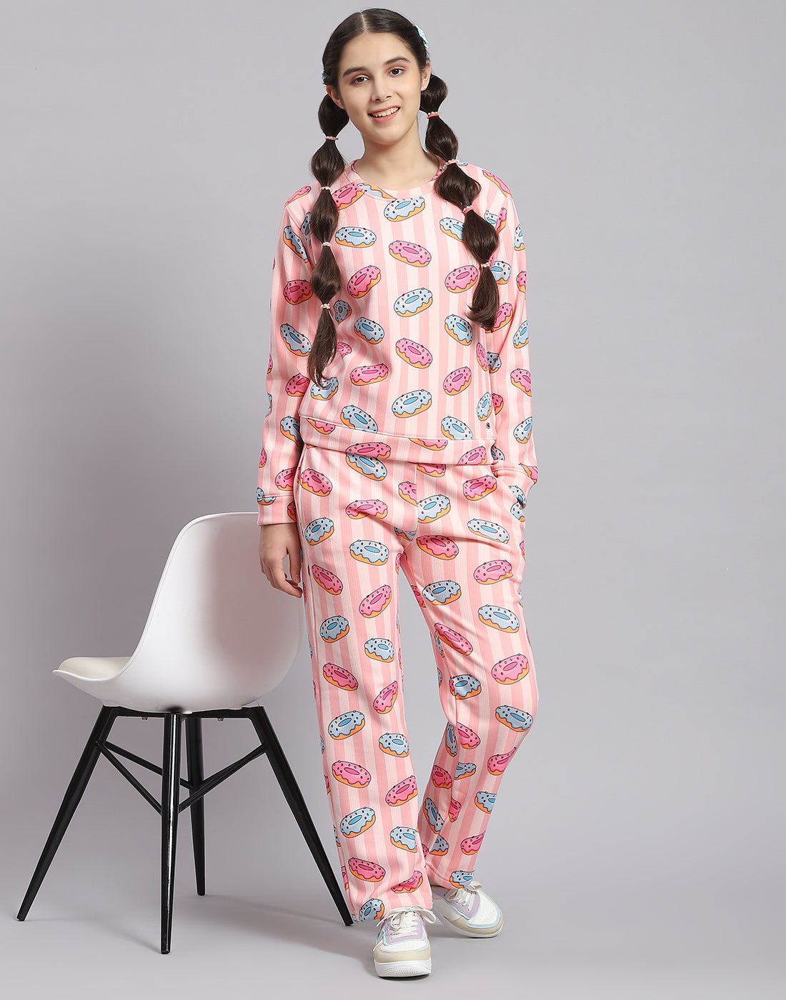 Girls Pink Printed Round Neck Full Sleeve Cords Set