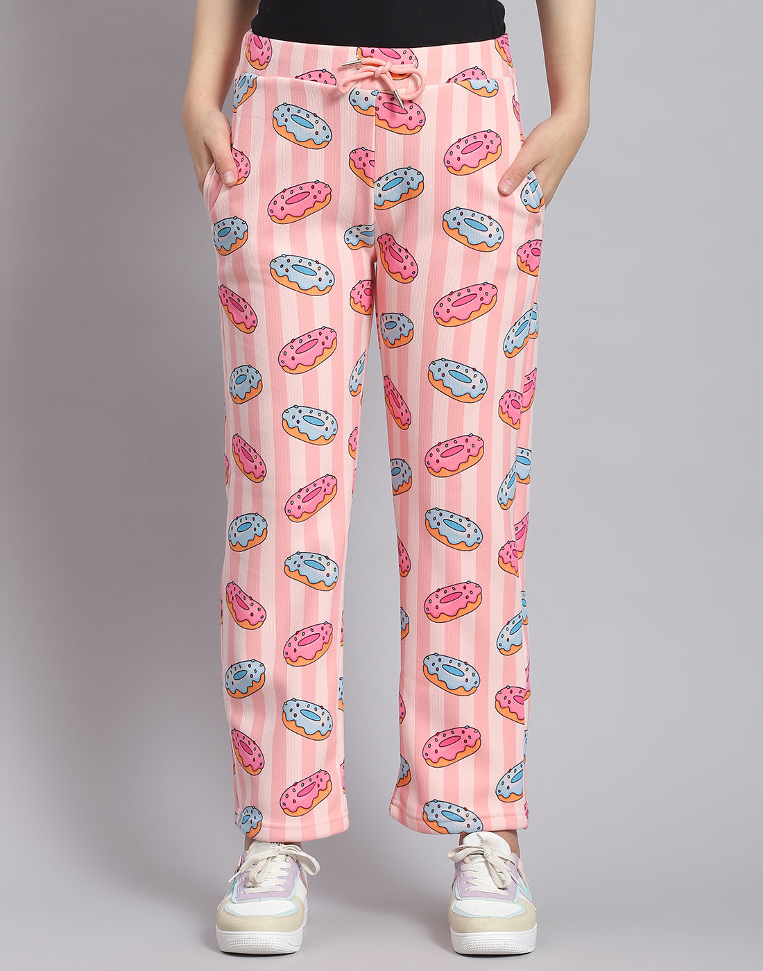 Girls Pink Printed Round Neck Full Sleeve Cords Set