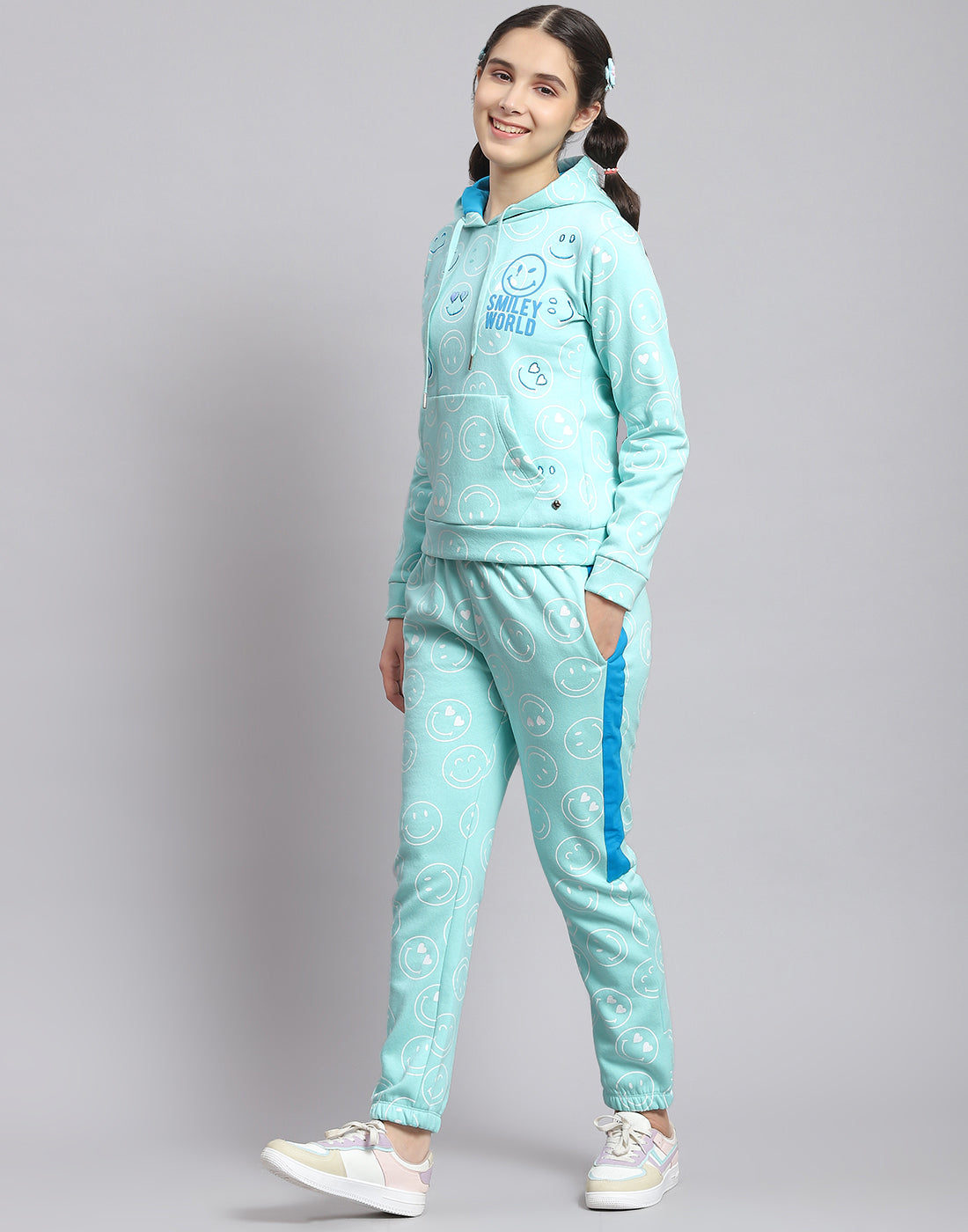 Girls Turquoise Blue Printed Hooded Full Sleeve Cords Set