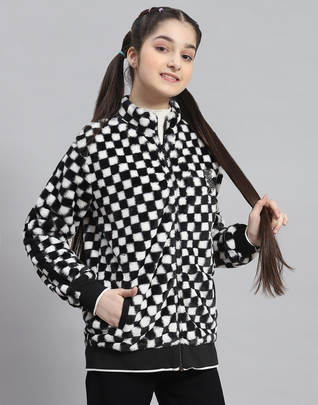 Girls Black Check Stand Collar Full Sleeve Sweatshirt