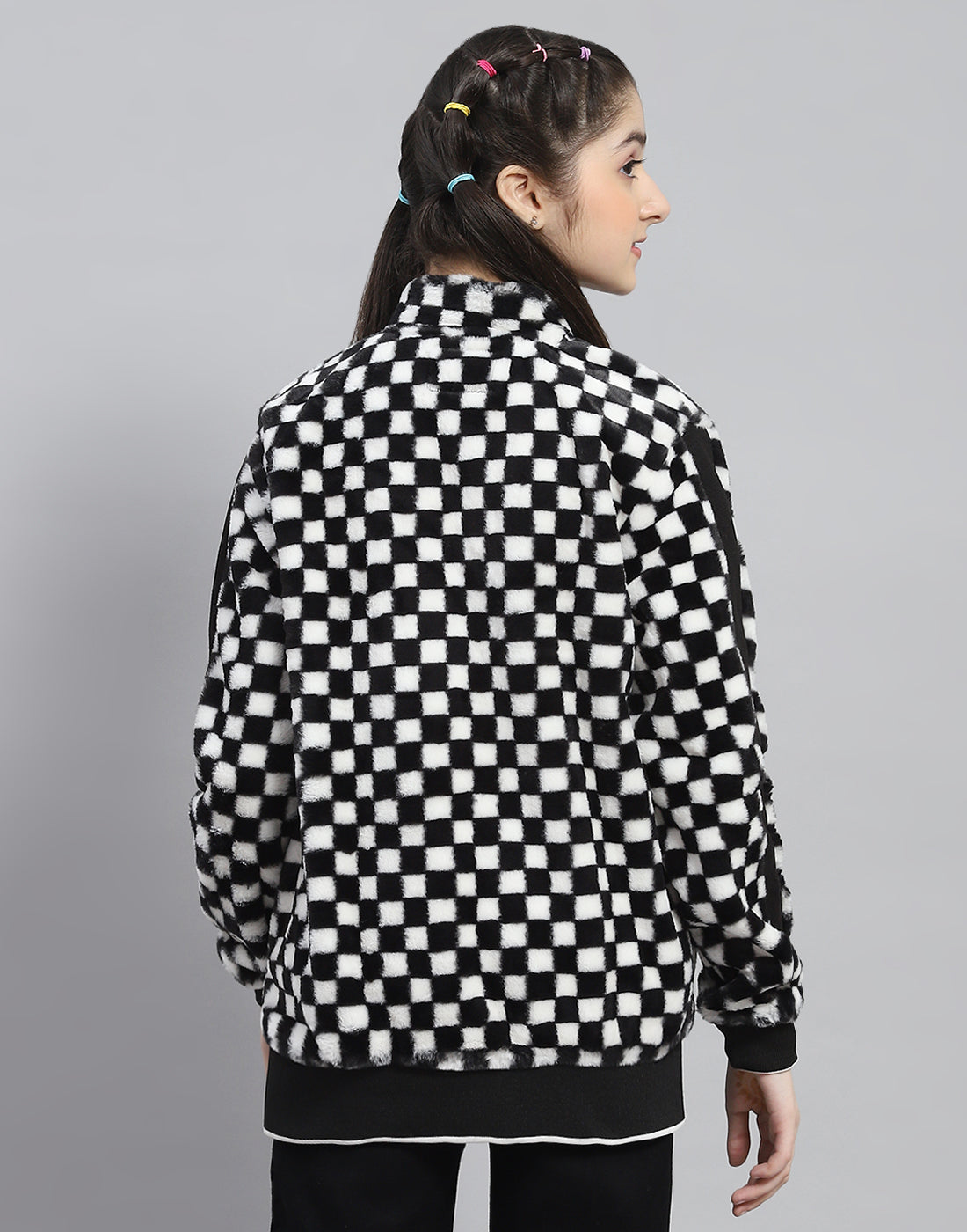 Girls Black Check Stand Collar Full Sleeve Sweatshirt