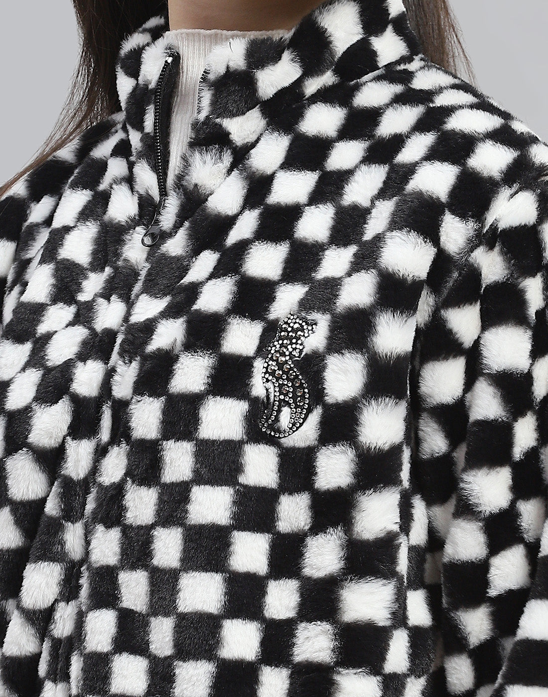 Girls Black Check Stand Collar Full Sleeve Sweatshirt