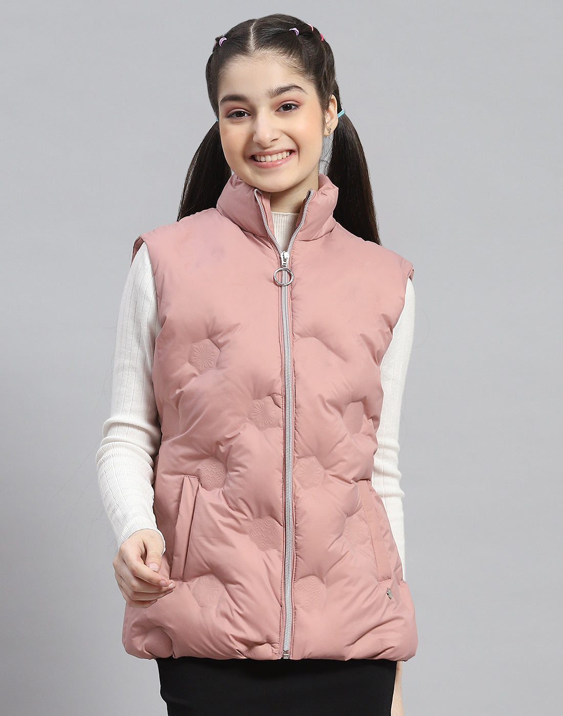 Girls Peach Solid Stand Collar Sleeveless Girls Jacket
