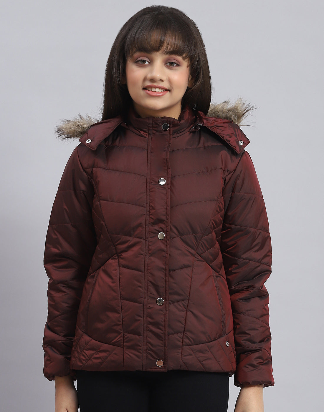Girls Maroon Solid Hooded Full Sleeve Girls Jacket