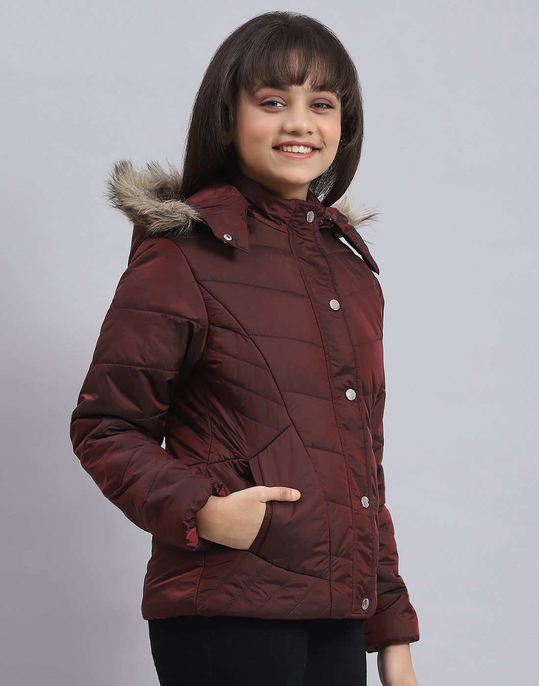 Girls Maroon Solid Hooded Full Sleeve Girls Jacket