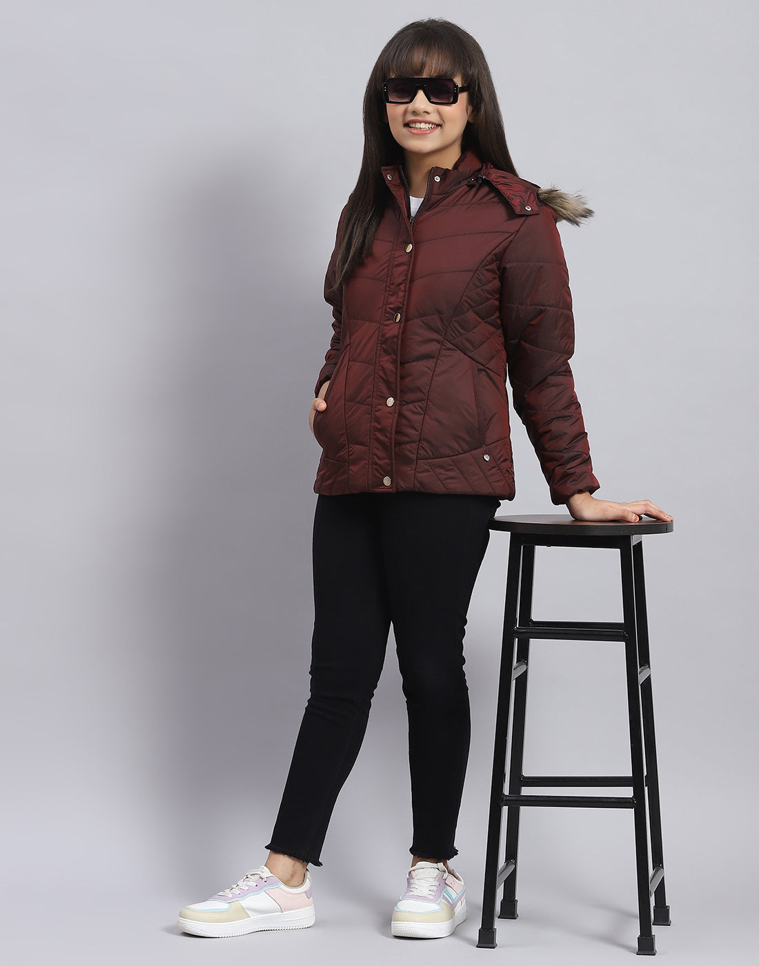 Girls Maroon Solid Hooded Full Sleeve Girls Jacket