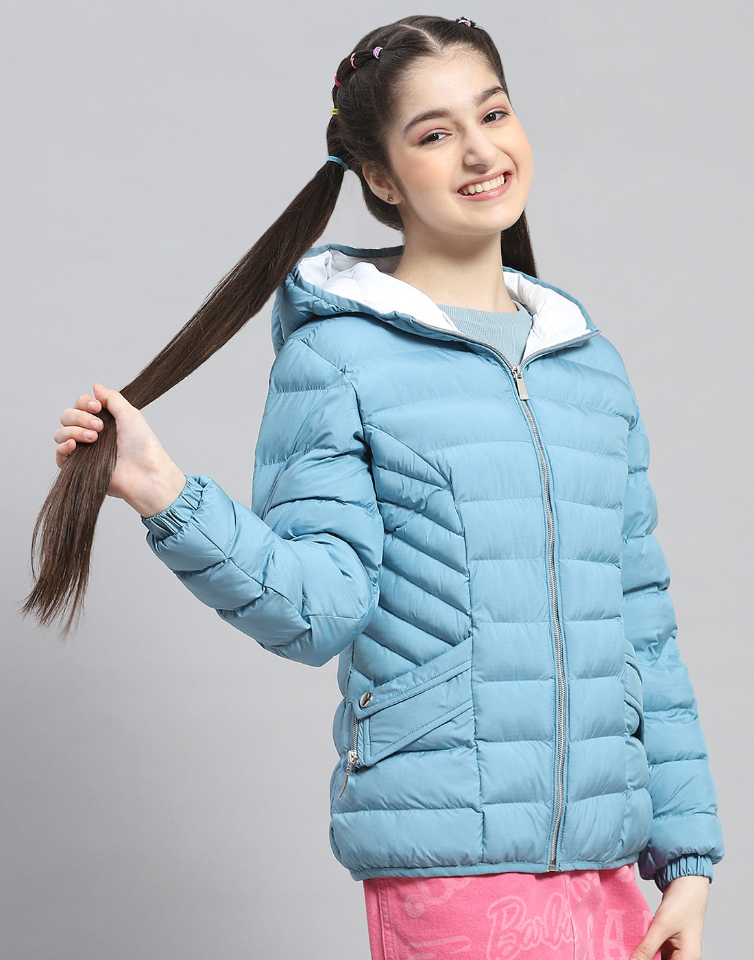 Girls Turquoise Blue Solid Hooded Full Sleeve Girls Jacket