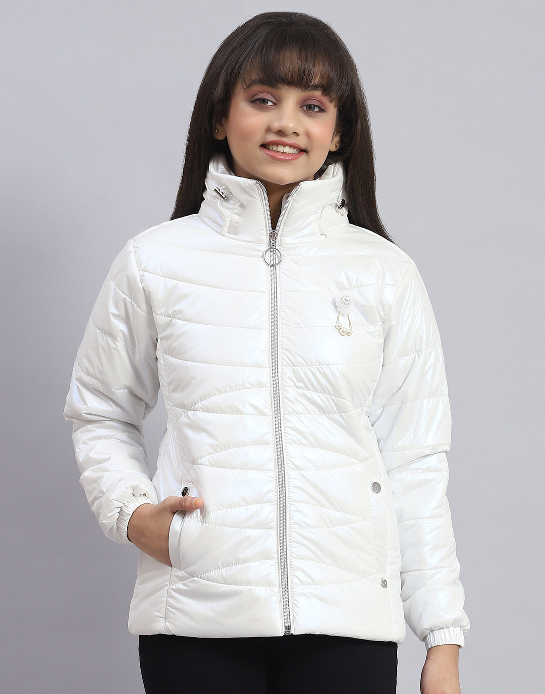 Girls Off White Solid Stand Collar Full Sleeve Girls Jacket