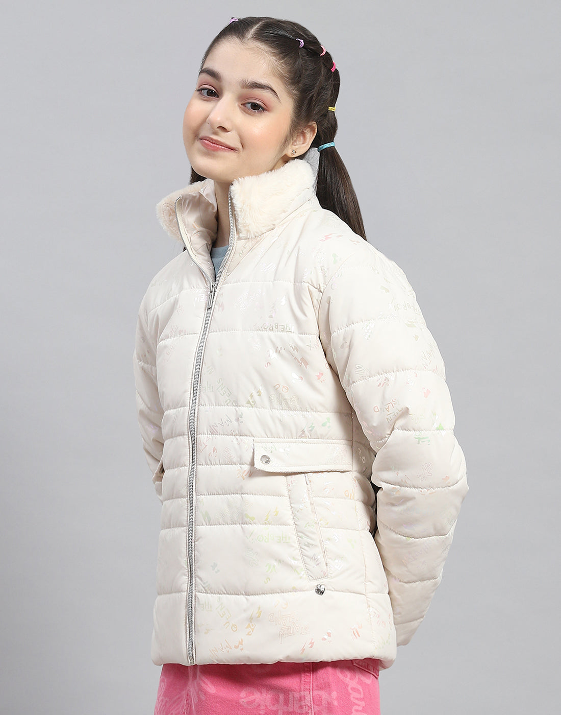 Girls Off White Solid Stand Collar Full Sleeve Girls Jacket