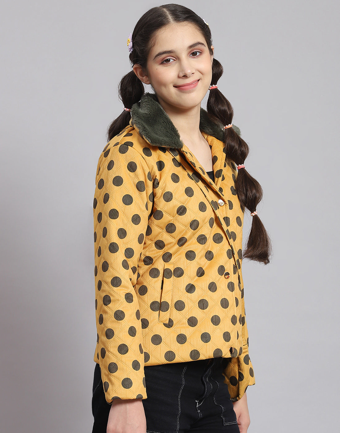 Girls Mustard Polka Dots Lapel Collar Full Sleeve Girls Jacket