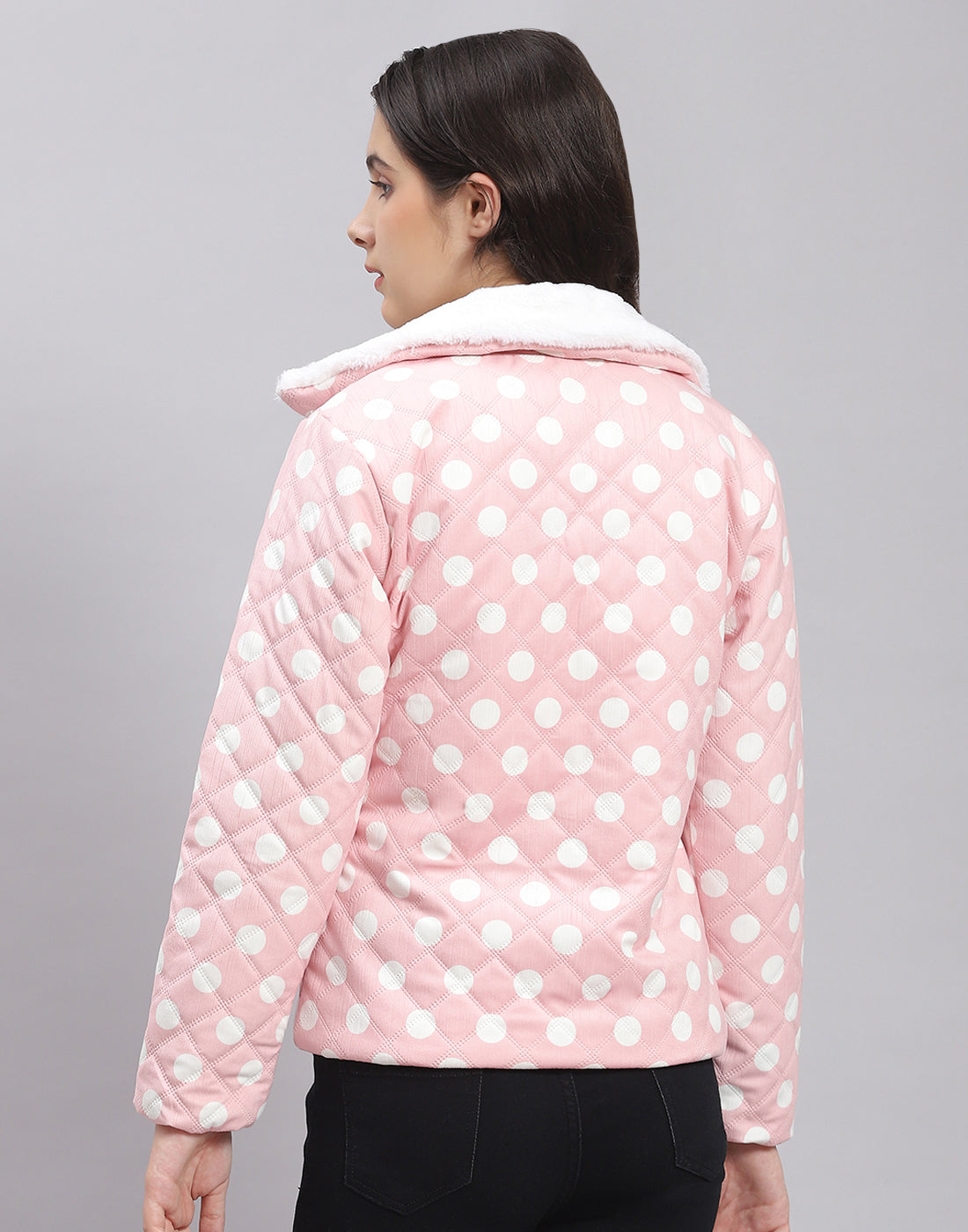 Girls Pink Polka Dots Lapel Collar Full Sleeve Girls Jacket