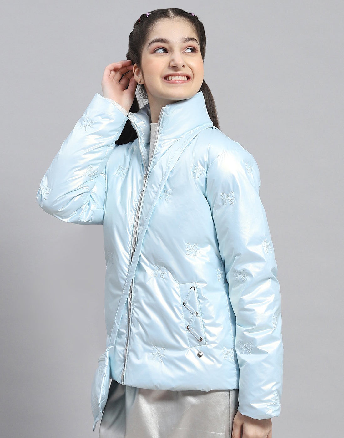 Girls Blue Embroidered Stand Collar Full Sleeve Girls Jacket