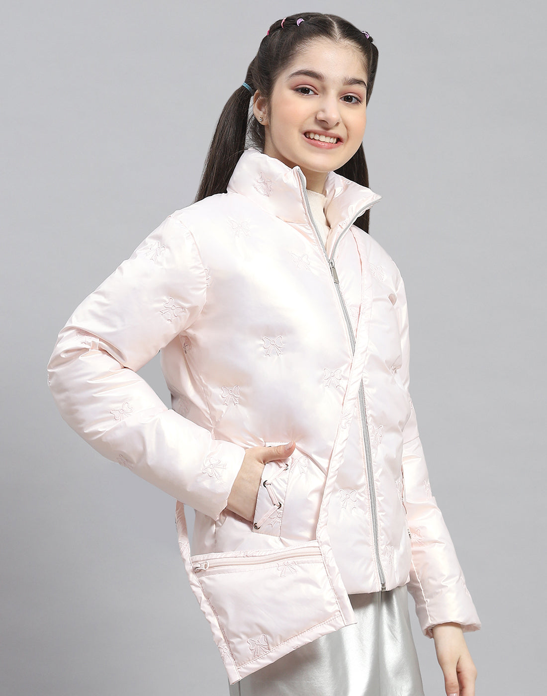 Girls Pink Embroidered Stand Collar Full Sleeve Girls Jacket