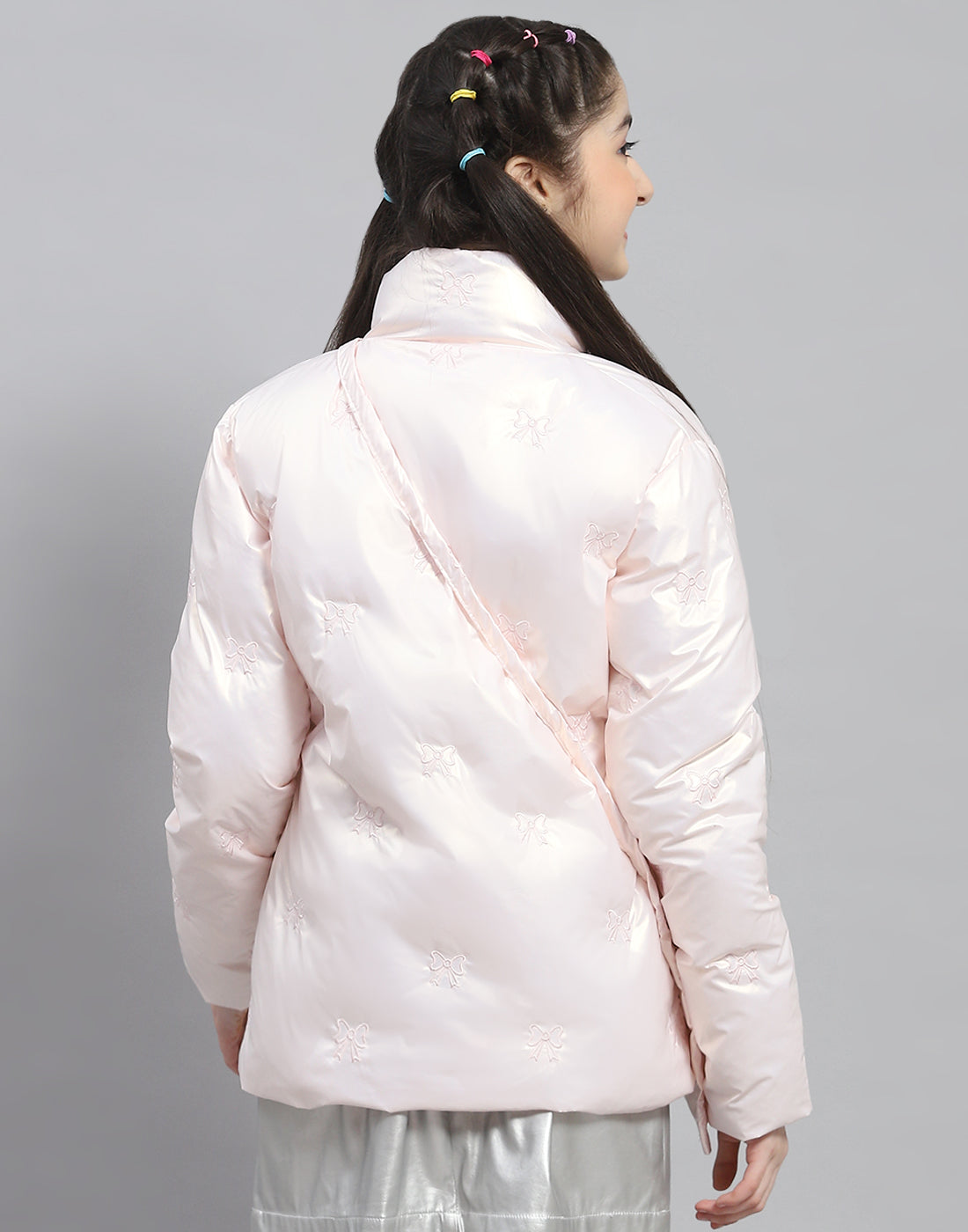 Girls Pink Embroidered Stand Collar Full Sleeve Girls Jacket