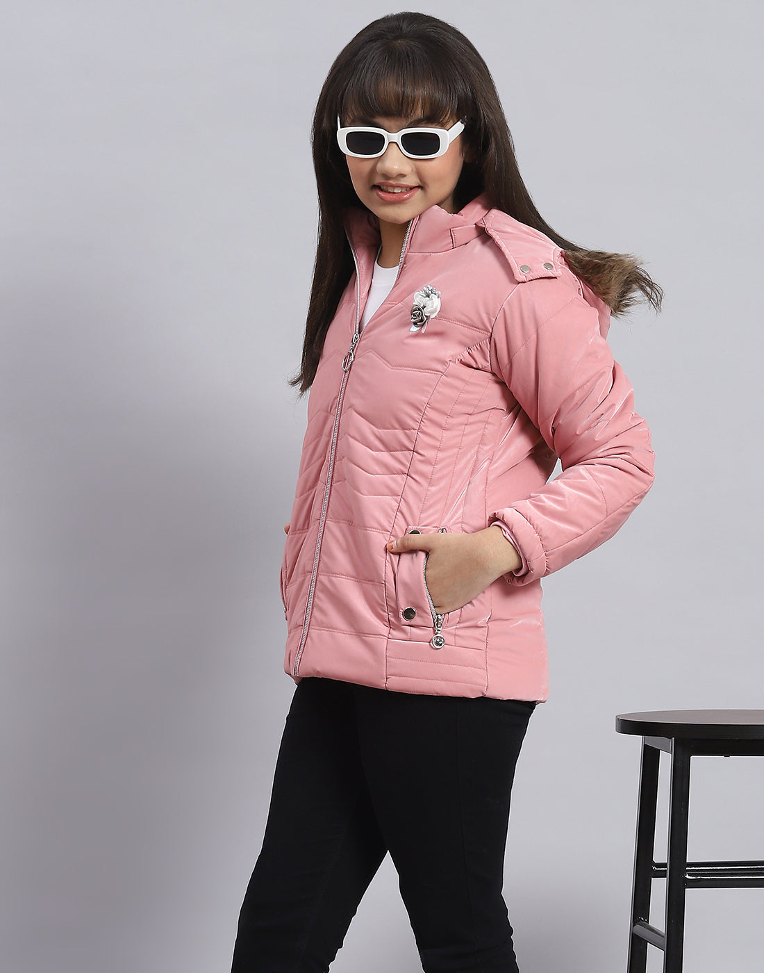 Girls Pink Printed Hooded Full Sleeve Girls Jacket
