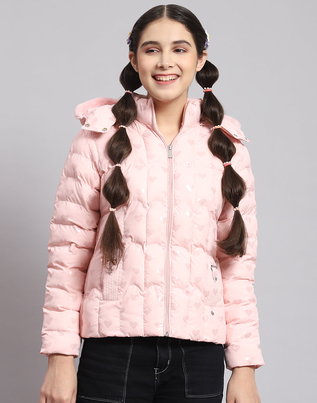 Girls Pink Printed Hooded Full Sleeve Girls Jacket