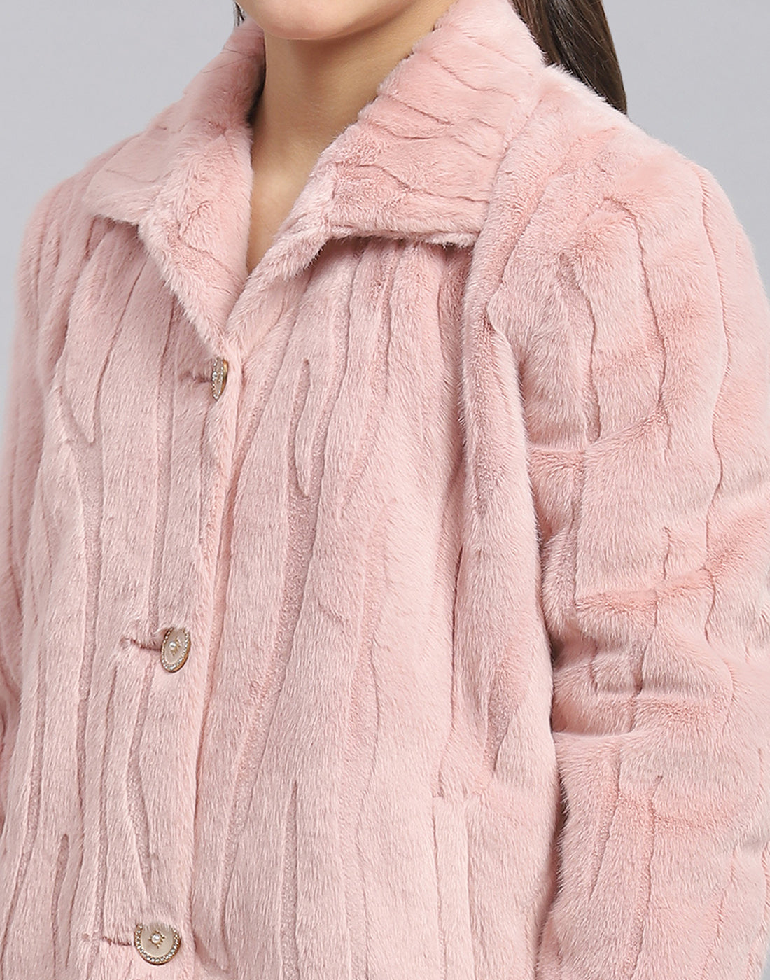 Girls Pink Self Design Collar Full Sleeve Coat