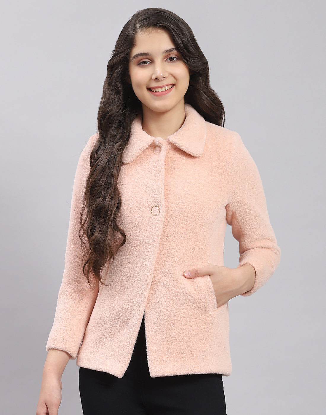 Girls Pink Solid Collar Full Sleeve Coat