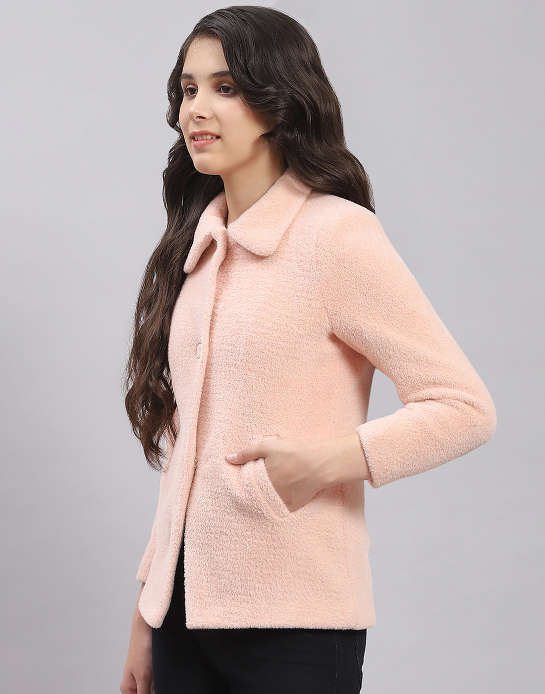 Girls Pink Solid Collar Full Sleeve Coat