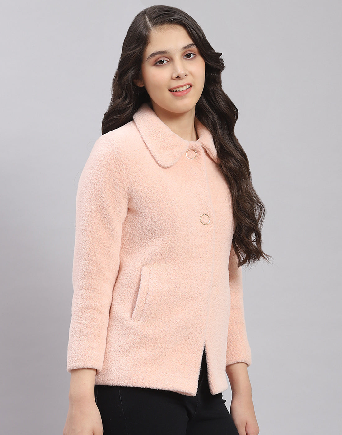 Girls Pink Solid Collar Full Sleeve Coat