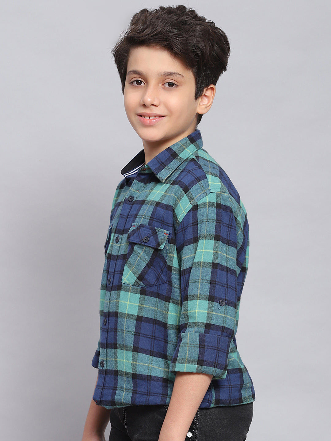 Boys Blue Check Spread Collar Full Sleeve Shirts