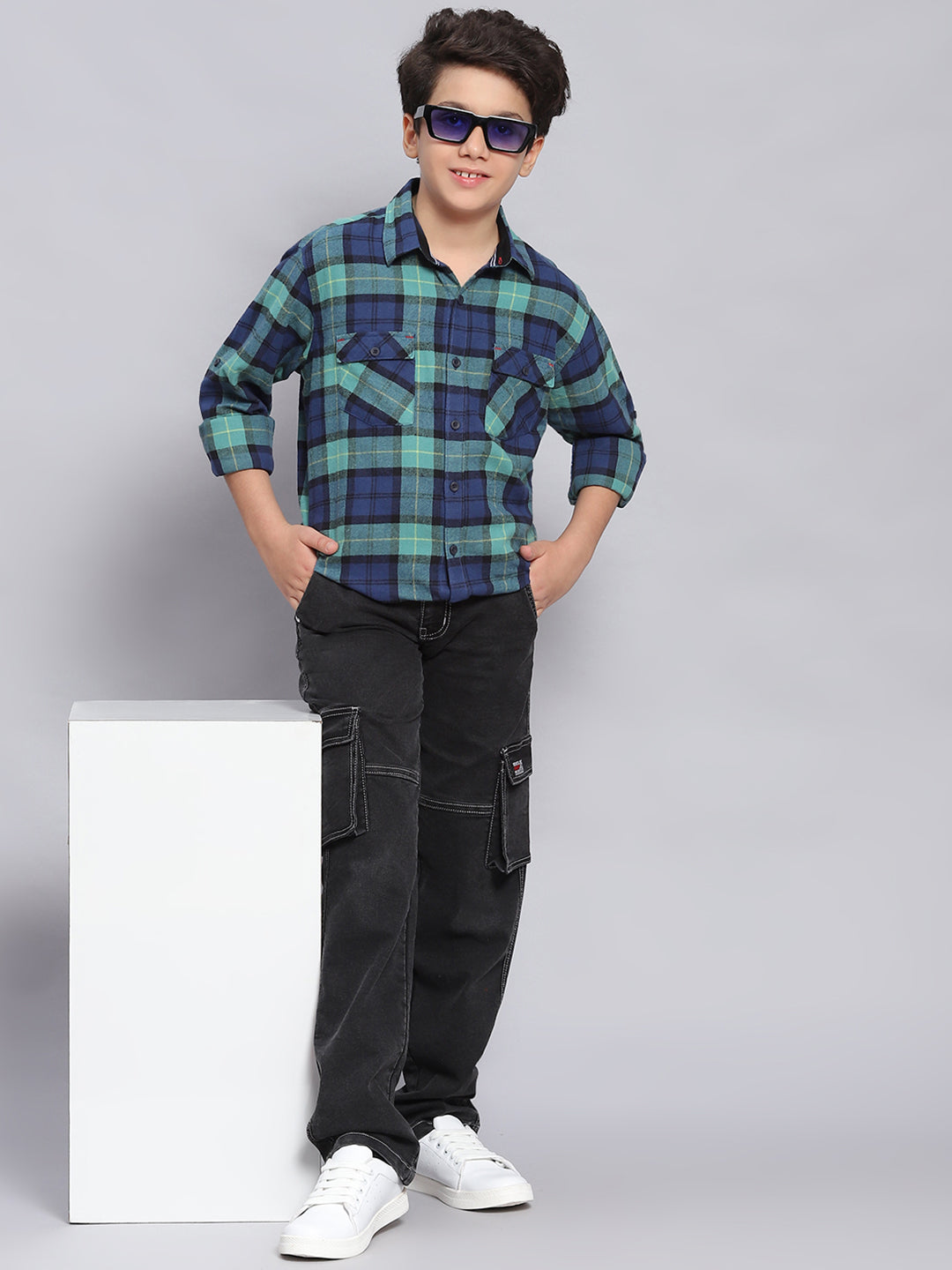 Boys Blue Check Spread Collar Full Sleeve Shirts