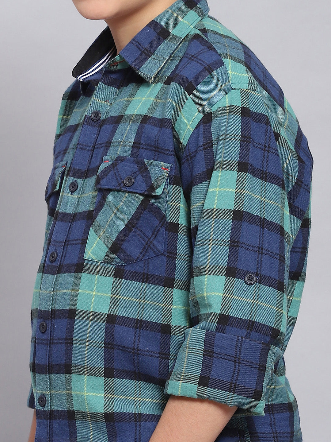 Boys Blue Check Spread Collar Full Sleeve Shirts