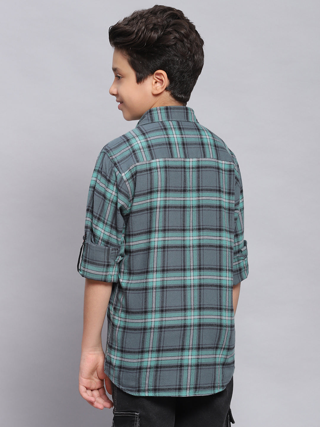 Boys Green Check Spread Collar Full Sleeve Shirts